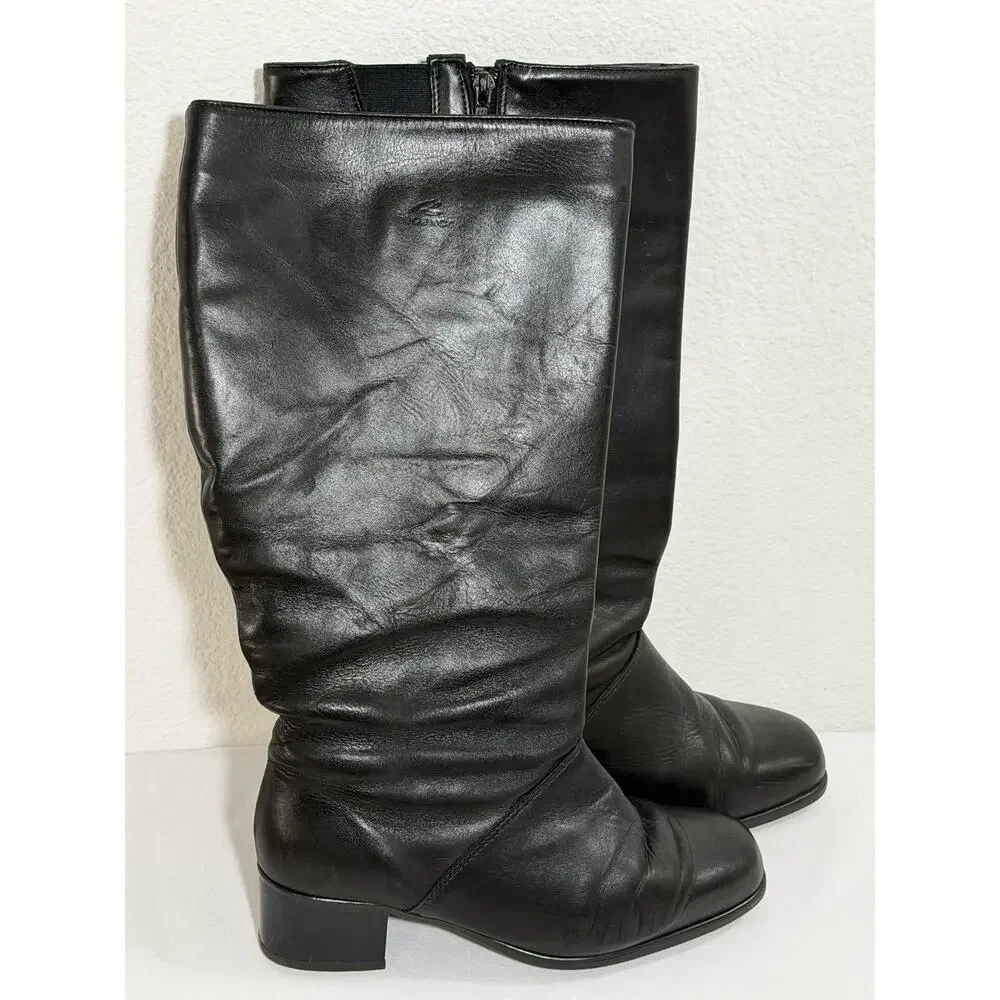 Vintage 90's Re'gence Canada Tall Winter Leather Boots Black Cozy Lined